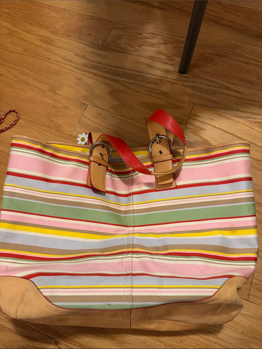 Coach Hampton Striped Canvas large Tote with Red and Brown leather Handles